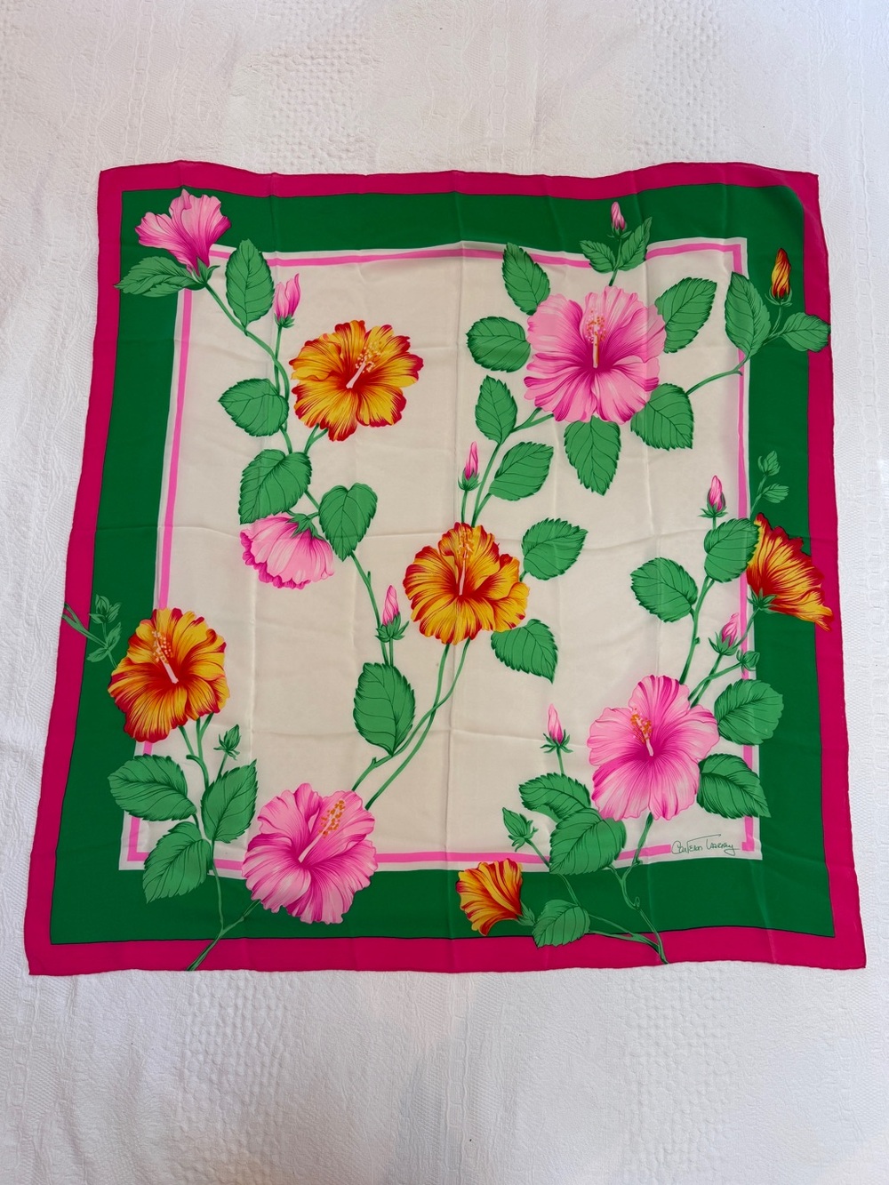 Carleton Varney Vtg Scarf Hibiscus Floral Pink Green Silk Feel Square Scarf